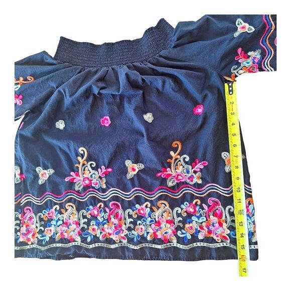 Colorful Bright Embroidered Cotton Blouse Top Smocked Off Shoulder Black XXL 2X - Picture 11 of 14